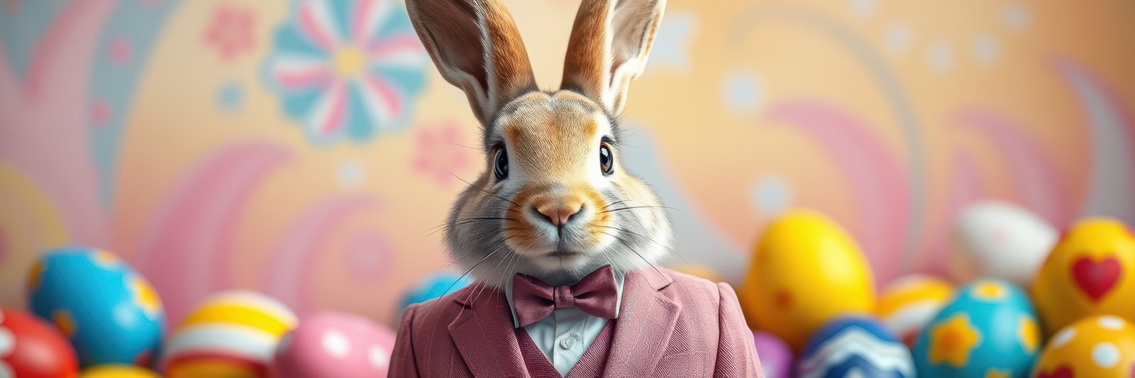 Rabbit in a suit stands amidst colorful Easter eggs at a festive gathering in a bright and cheerful setting